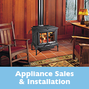 appliance sales and installation graphic wood stove with chairs around it and fire burning inside it